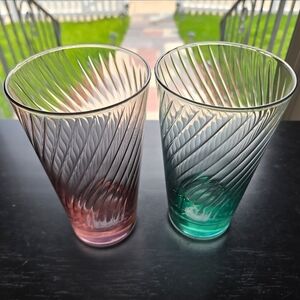 Vintage Set of 2 Tall Libbey Swirl Tumblers Rose Pink+Teal